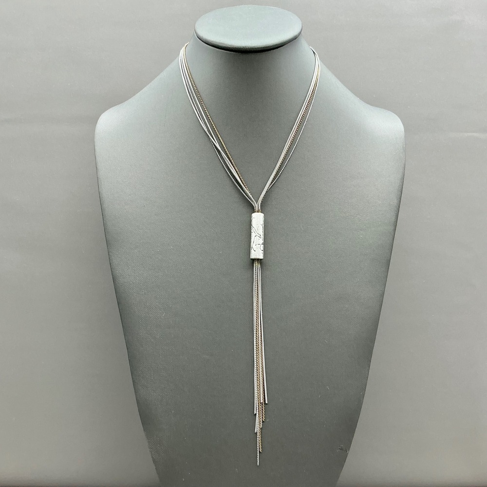 Chico's Necklace Women Silver Gold Tassel Strength Inscribed Multi Strand Y-Neck